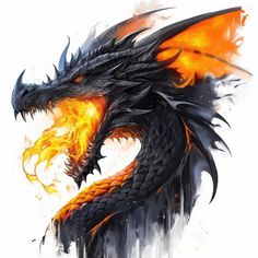 a black dragon with orange flames on it's head and its wings spread out