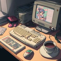 90s Aesthetic anime style desk Desk Illustration, 90s Anime Style, Anime Computer, Computer Drawing, Personajes Studio Ghibli, 90 Anime, Anime City, Aesthetic 90s, Aesthetic Japan