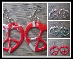 four different pictures of peace sign earrings