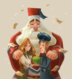 an illustration of santa claus giving a gift to two children