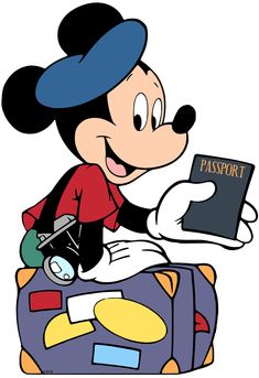 a cartoon mickey mouse sitting on top of a suitcase with a passport in his hand