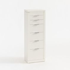 a tall white cabinet with five drawers on the bottom and one drawer open, against a white background