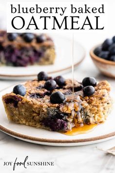 blueberry baked oatmeal on a white plate with text overlay that reads, blueberry baked oatmeal