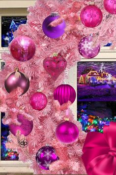 a pink christmas tree decorated with ornaments