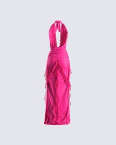 Steal the spotlight in this hot pink ruffle maxi dress 💕 Crafted from georgette fabric, and complete with a high slit, ruffle details, and a low open back for an elegant and classy look that will always slay 💅 Pink Choker Maxi Dress, Pink Vacation Outfits, Val Dresses, Pink Classy Outfits, 2000s Dresses, Pink Baddie, Hot Pink Maxi Dress, Magenta Fashion, Summer Beach Looks