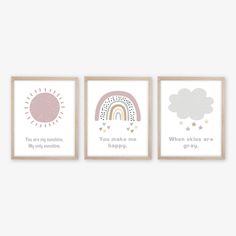 three children's wall art prints with rainbows and clouds