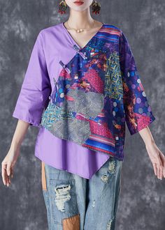 Vintage Purple Asymmetrical Print Linen Shirt Tops SummerFabric: Cotton 45%, Linen 55%Size & Fit: Fit: This garment fits true to size.Length: Size L measures 23.79"from shoulder to hemBust: Great for any cup size. Waist: Loose Fit. Comfortable room throughout midsection.Hip: Loose Fit - room for hips. Hand Wash Cold. Cotton V-neck Patchwork Blouse, V-neck Cotton Blouse With Patchwork, Cotton Patchwork V-neck Blouse, Cotton V-neck Blouse With Patchwork, Casual Asymmetrical Patchwork Blouse, Purple Long Sleeve Patchwork Top, Purple Patchwork Long Sleeve Top, Purple Long Sleeve Top With Patchwork, Purple Patchwork Short Sleeve Top