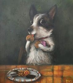 a painting of a dog holding a piece of food in it's mouth while sitting at a table