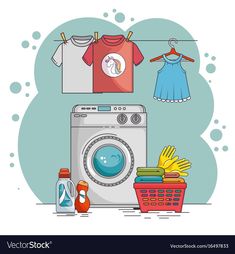 washing machine and clothes hanging on the line with laundry detergents in basket next to it