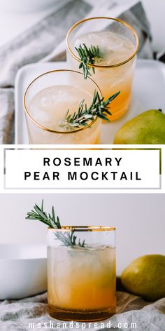 two glasses with lemonade and rosemary garnish sit on a tray next to pears