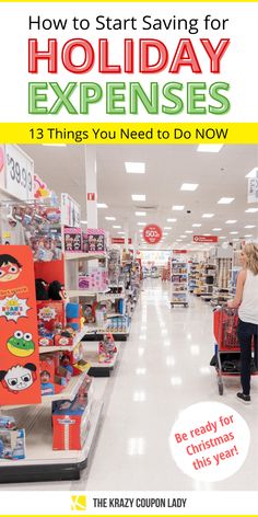 a woman shopping in a store with the text how to start saving for holiday experiences 13 things you need to do now