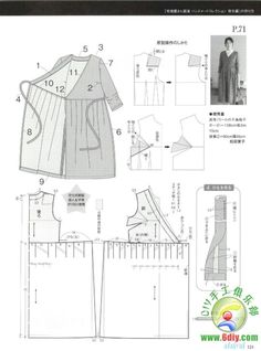 the sewing pattern for a women's dress is shown in english and japanese text