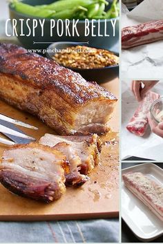 various pictures of different types of meats on cutting boards with forks and spoons