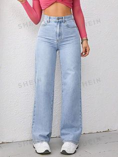 Details:Button \nStyle:Casual \nDetails:Pocket \nDetails:Zipper \nClosure Type:Zipper Fly \nColor:Light Wash \nPattern Type:Plain \nType:Wide Leg \nWaist Line:High Waist \nLength:Long \nFit Type:Regular Fit \nFabric:Non-Stretch \nMaterial:Denim \nComposition:89% Cotton \nComposition:6% Polyester \nComposition:5% Viscose \nCare Instructions:Machine wash, do not dry clean \nBody:Unlined \nSheer:No \n Jeans 2024 Trends Women, High Waisted Wide Leg Jeans, High Waist Wide Leg Jeans, Shein Jeans, Jeans Claro, Dress Book, Casual Denim Pants, Women Denim Jeans, Light Wash Jeans