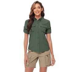 Explore the great outdoors with confidence in the WhizMax Women's UPF 50+ UV Sun Protection Safari Shirt. Designed specifically for the adventurous woman, this shirt is a must-have for your outdoor wardrobe.

- **Material:** 92% Polyester, 8% Spandex
- **Color:** Army Green
- **Size:** S (fits 4-6)
- **Features:** Long sleeves, back mesh-lined, button-down design
- **Gender:** Female
- **Age Group:** Adult

Perfect for activities such as fishing, hiking, or traveling, this safari shirt offers ex Solid Color Button-up Shirt For Outdoor, Khaki Button-up Top For Outdoor, Solid Color Button-up Outdoor Shirt, Solid Button-up Outdoor Shirt, Spring Khaki Outdoor Shirt, Spring Outdoor Khaki Shirt, Green Outdoor Shirt With Pockets, Collared Green Shirt For Outdoor, Solid Shirt With Pockets For Outdoor Activities