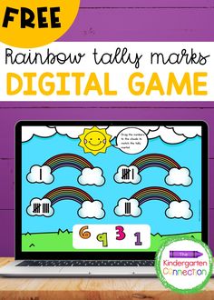 a laptop computer sitting on top of a table with the text rainbow tails works digital game