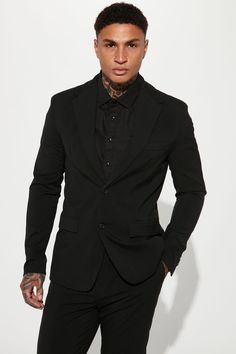 Model Height: 6'2 - Wearing Large Big & Tall: Height 6'3 - Wearing XXXL Available In Black. Pointed Lapels Front Pockets Button Front Pair with The Modern Stretch Slim Trouser Shell 65% Polyester 33% Viscose 2% Spandex Lining 100% Polyester Imported | Mens The Modern Stretch Suit Jacket in Black size Medium by Fashion Nova Full Black Outfit Men Casual, Prom Suits For Men Red, Full Black Outfit Men, Black Prom Suits, Full Black Outfit, Creative Black Tie, All Black Suit, Prom Suits For Men, Black Outfit Men