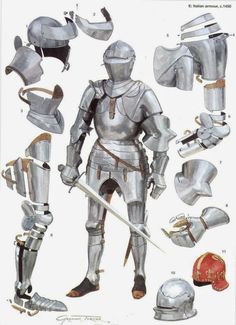 a drawing of armor and helmets from the middle ages