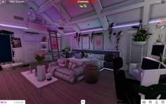 a virtual view of a living room with purple lighting on the ceiling and white furniture