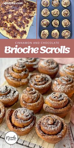 cinnamon and chocolate brioche scrolls with text overlay