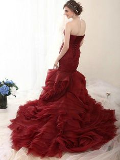 S519 - lace up back evening dress Gothic Wedding Dresses, Red Ball Gowns, Tulle Bodice, Wedding Dresses Sweetheart, Colored Wedding Dress, Evening Wear Dresses, Red Mermaid, Floor Length Wedding Dress, Elegant Ball Gowns