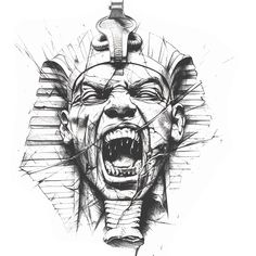 a drawing of an egyptian mask with its mouth open and teeth exposed to the side