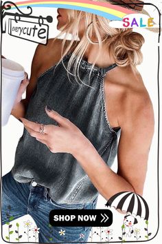 Gray Halter Neck Denim Tank Top Denim Halter Top, Denim Tank Top, Denim Tank, Cover Beachwear, Denim Chic, Clubwear Dresses, Halter Tops, Summer Style Casual, Hot Dress