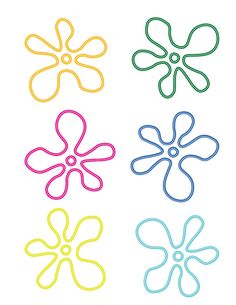 four different colored flower shapes on a white background