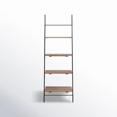 a black metal and wood shelf with three shelves on each side, against a white background