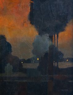 an oil painting of trees in front of a cloudy sky at night with street lights