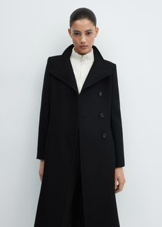 Belted Manteco wool coat - Woman | MANGO USA Black Coats For Women, Ireland Winter, Black Coats, Wool Coat Women, Mango Outlet, Italian Fabric, Mixing Fabrics, Funnel Neck, Girly Girl