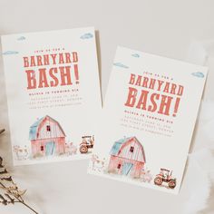 two farm themed wedding cards on top of each other