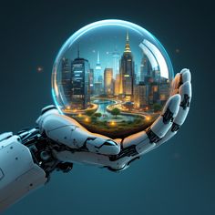 a robot hand holding a glass ball with a city in the center and lights on it