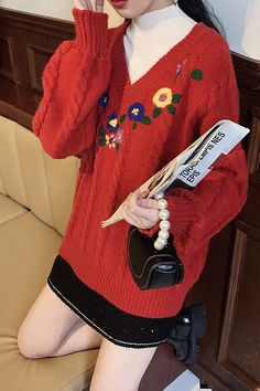 Flower Embroidery V-Neck Knitted Loose Sweater ��– Tomscloth V-neck Top With Floral Embroidery For Winter, V-neck Winter Top With Floral Embroidery, Floral Embroidered V-neck Top For Winter, Casual V-neck Sweater With Floral Embroidery, Casual V-neck Embroidered Sweater, Casual Winter Sweater With Floral Embroidery, Red V-neck Sweater For Spring, Casual Red Embroidered Sweater, Outfit With Flowers