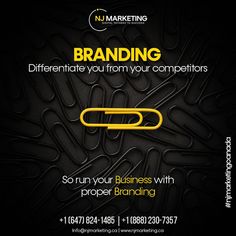 a black and yellow flyer with a paper clip in the middle that says, branding different you from your competitors so run your business with proper branding