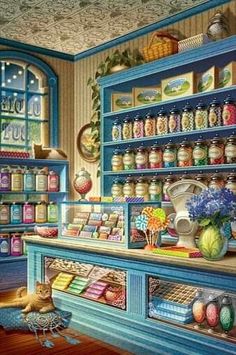 a painting of a store filled with lots of colorful items and decor on shelves next to a cat