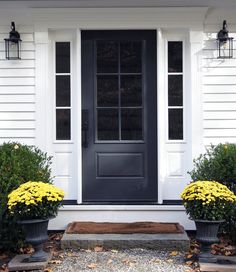 two flower pots with yellow flowers in front of a black door on a white house