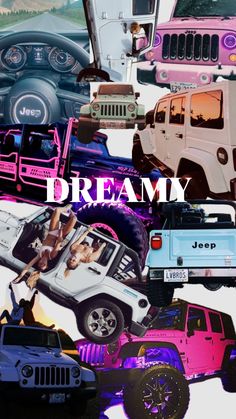 a collage of jeeps and trucks with the words dream above them