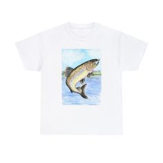 a white t - shirt with a fish in the water on it's chest