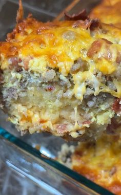 a piece of casserole with meat and cheese