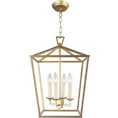 a brass lantern with four candles hanging from the ceiling