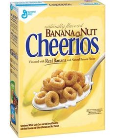 a bag of cheerios cereal on a spoon with the word, banana nut cheerios