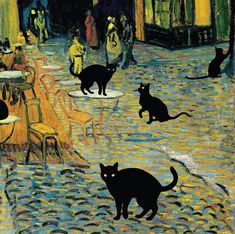 several black cats are walking in the street near tables and chairs, while people walk by