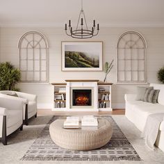 a living room filled with furniture and a fire place in the middle of the room