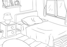 a black and white drawing of a bedroom with a bed, night stand, nightstands and window