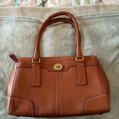 Great Condition Vintage Brown Leather Coach Bag With Gold Accents Brown Coach Shoulder Bag With Brass Hardware, Vintage Coach Satchel With Gold-tone Hardware, Brown Coach Bags For On-the-go, Coach Gold Bags With Gold-tone Hardware, Coach Brown Wallet For On-the-go, Gold Leather, Vintage Brown, Gold Accents, Coach Bags