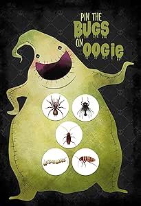 a green monster with six different bugs on it's back and the words, pin the bugs on my boogie