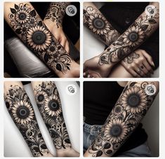 four pictures show different types of sunflowers on the arms and hands, with one being