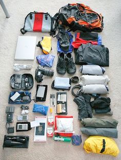 the contents of a backpack laid out on the floor next to it's contents