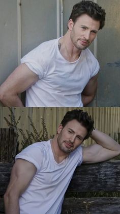 a man sitting on top of a wooden bench next to another man wearing a white t - shirt